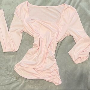 Pink Asymmetrical Ruched Long Sleeve Blouse